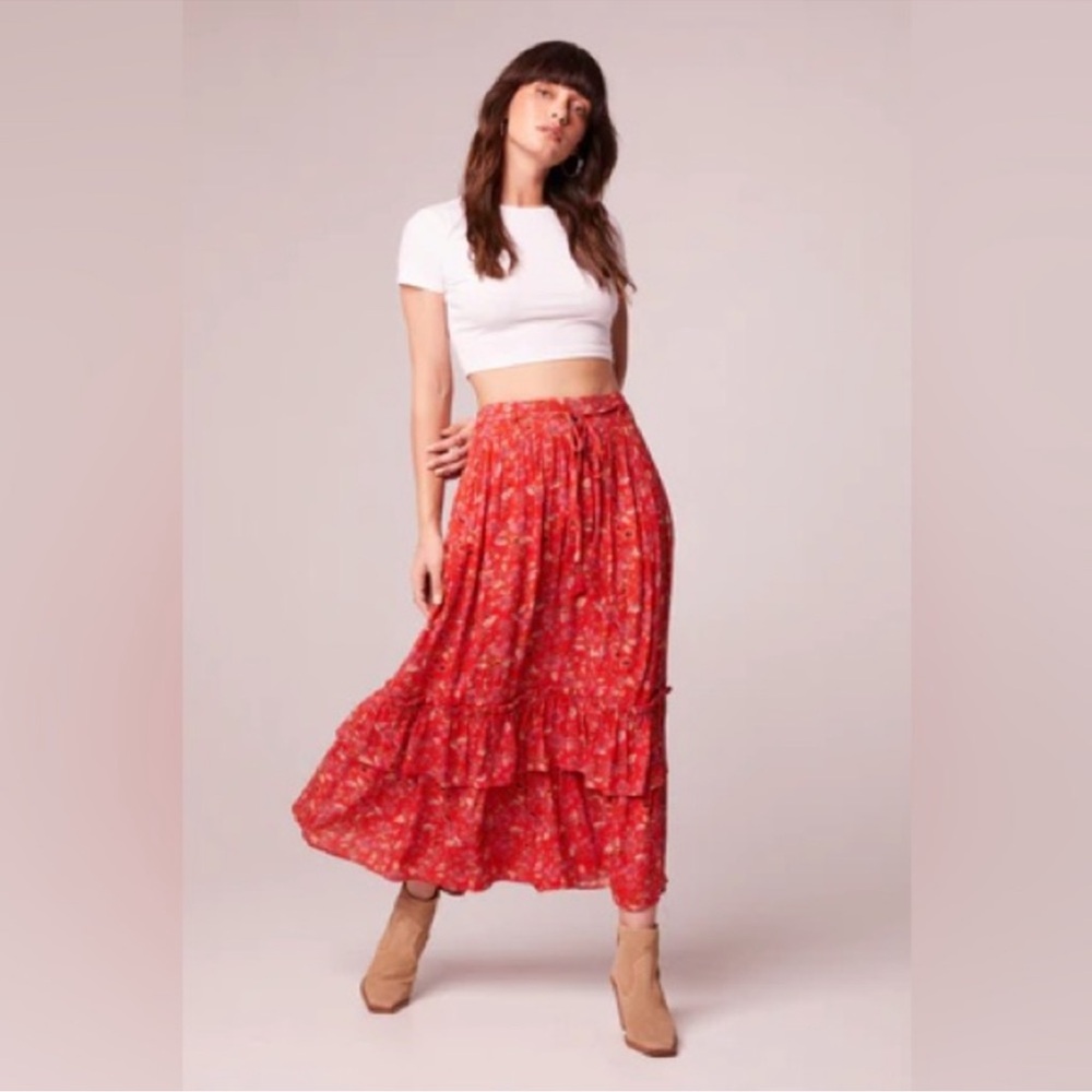 NWT Band of Gypsies Red Floral tiered ruffle maxi skirt tassels women size Small